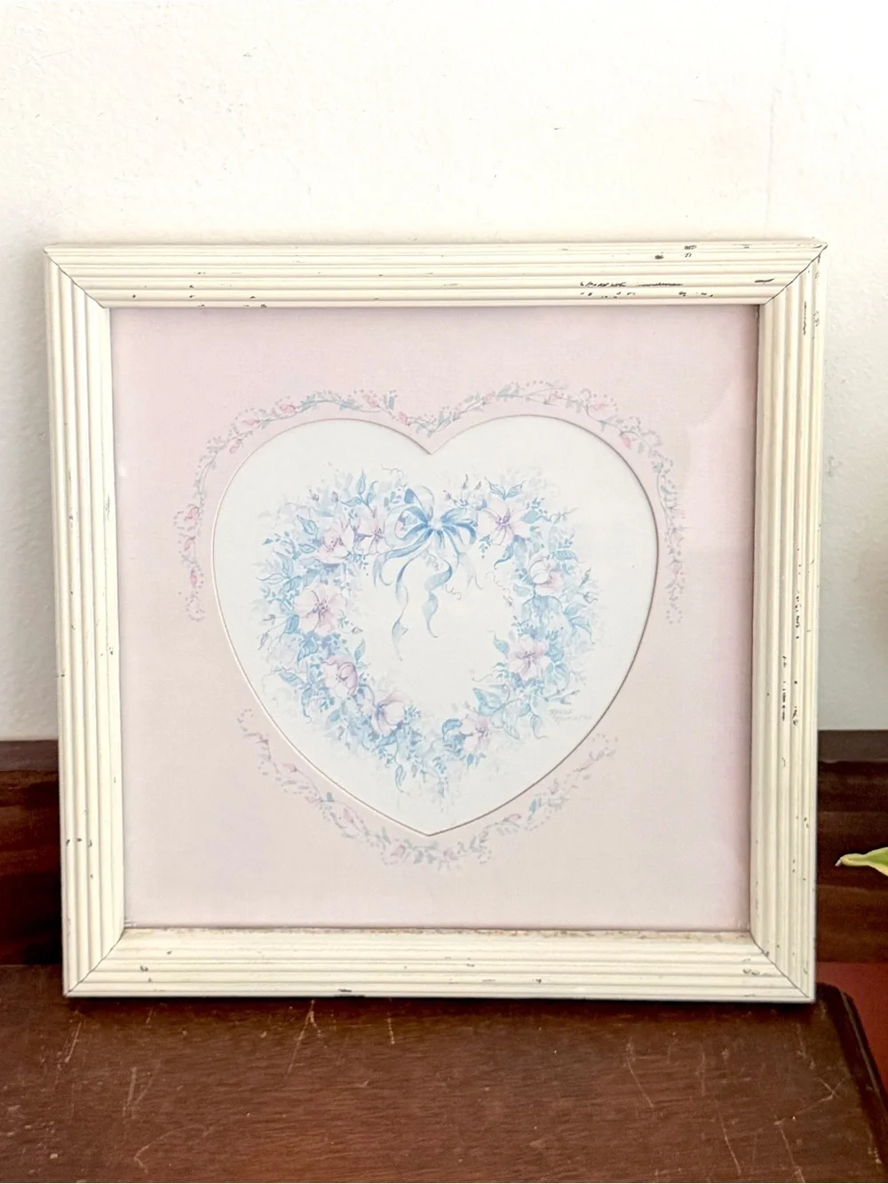 Vintage Cottagecore Framed Floral Heart Bow Wreath Print Shabby Chic Wall Art